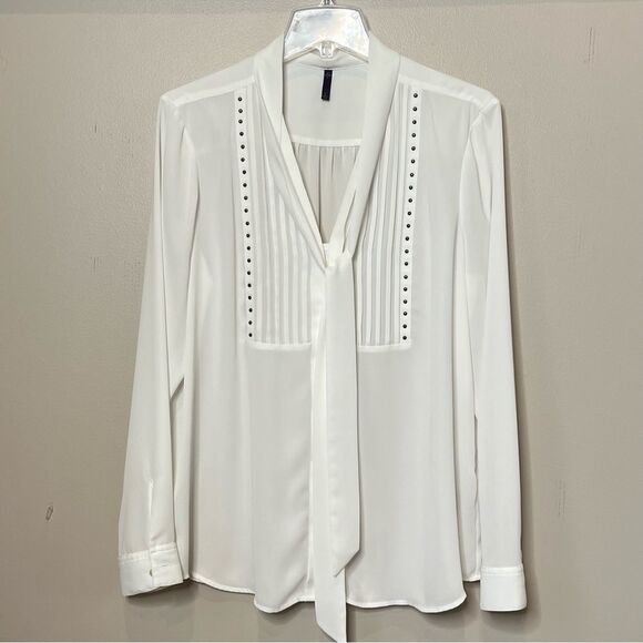 VTG Y2K NYDJ Semi Sheer Tie Front Studded Long Sleeve Ivory Whimsy Blouse SZ L - Picture 1 of 15